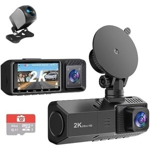 3 Channel Dash Cam Front and Rear Inside Dash Camera for Cars 2K+1080P+1080P